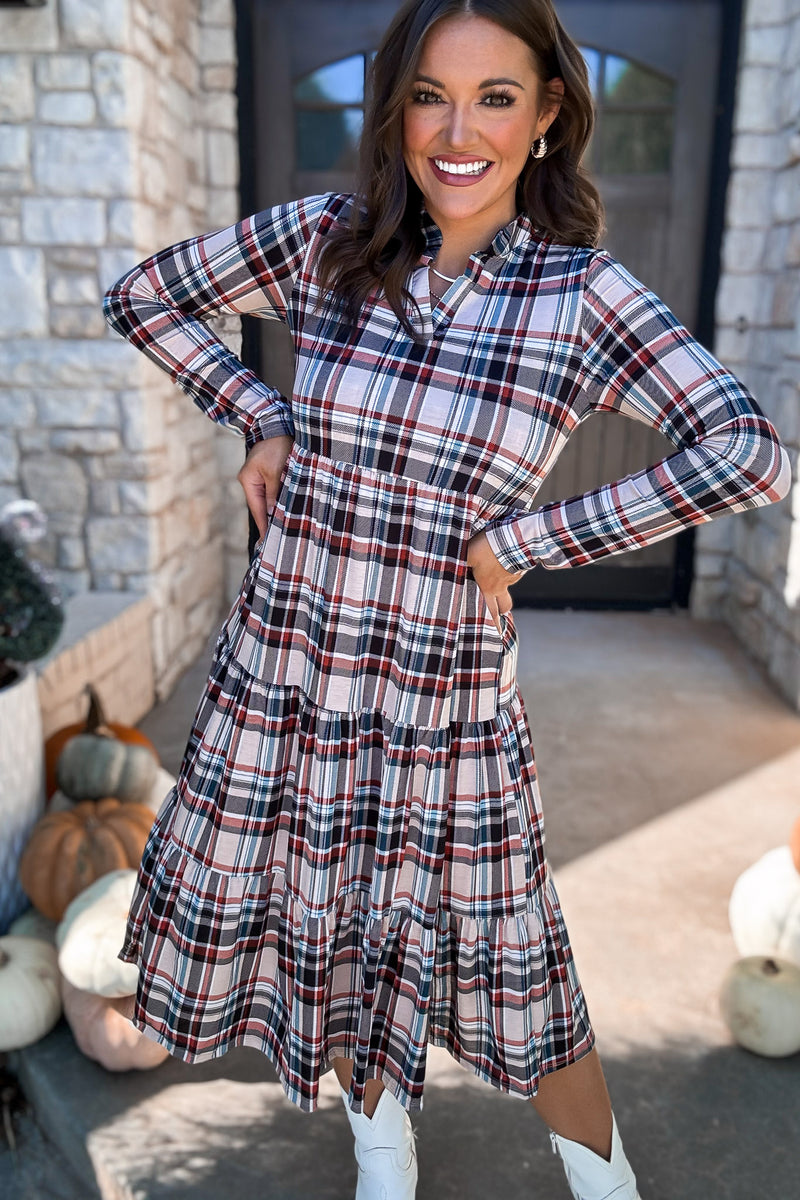 Plaid Jersey Tiered Midi Dress