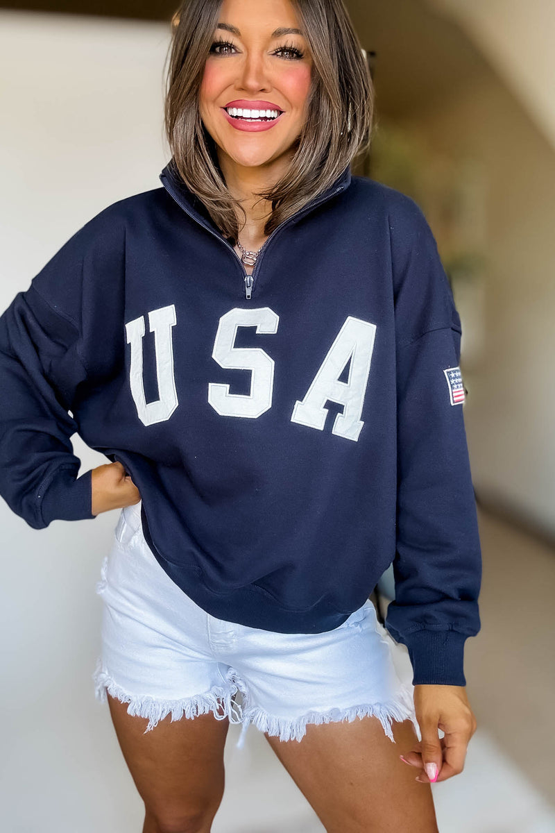 USA Navy Contrast Half Zip Oversized Sweatshirt