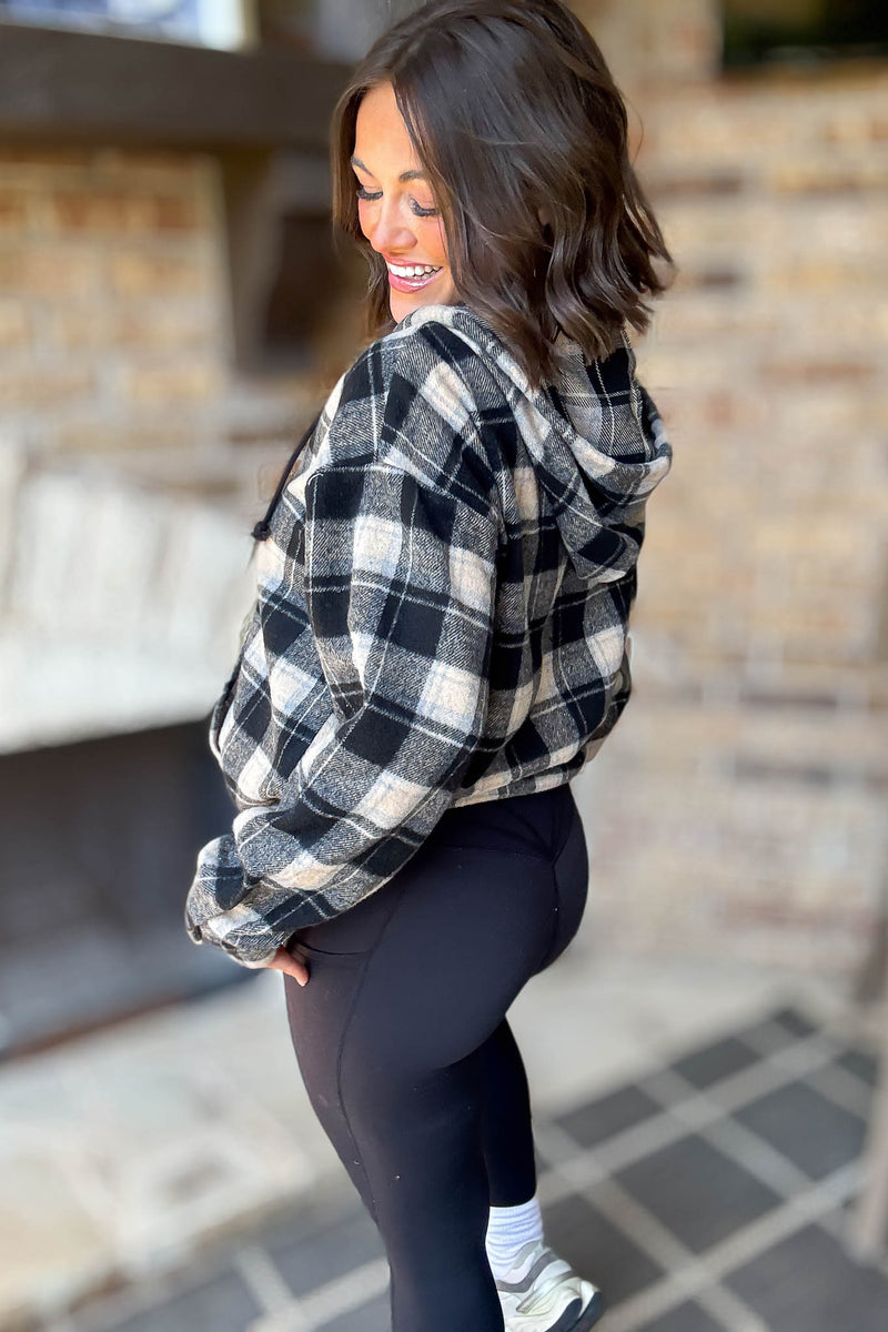 Flannel Black Plaid Pullover Hoodie W/ Kangaroo Pocket