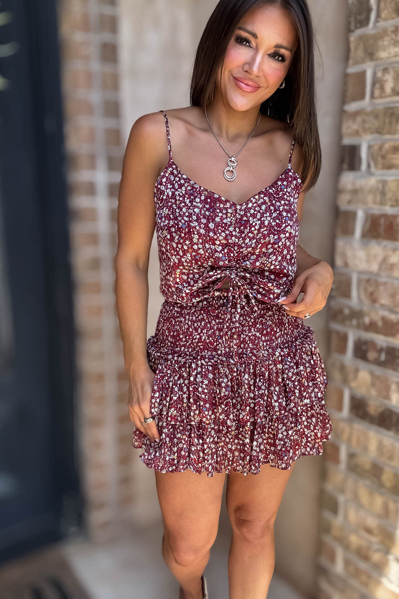 Burgundy Floral Print Ruffle Crop Top