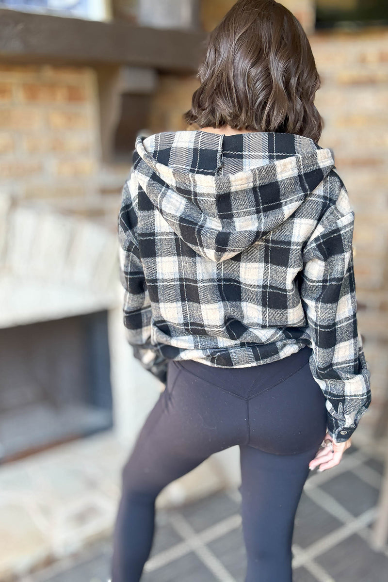 Flannel Black Plaid Pullover Hoodie W/ Kangaroo Pocket