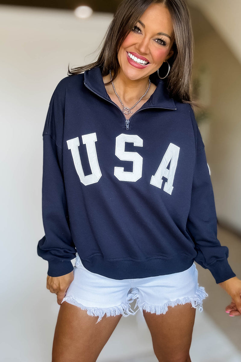 USA Navy Contrast Half Zip Oversized Sweatshirt