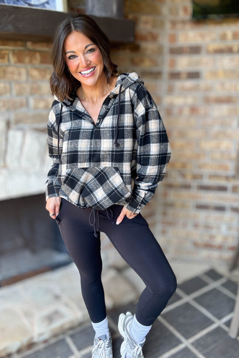 Flannel Black Plaid Pullover Hoodie W/ Kangaroo Pocket