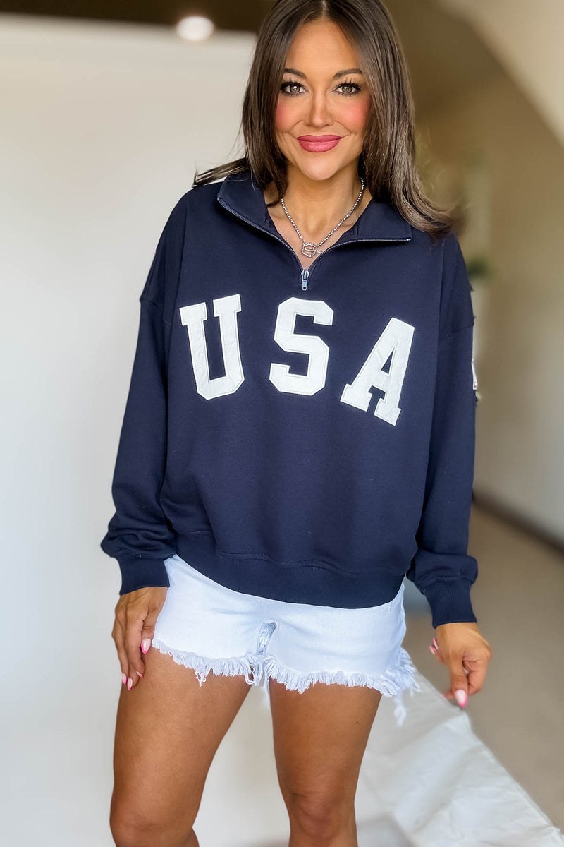 USA Navy Contrast Half Zip Oversized Sweatshirt