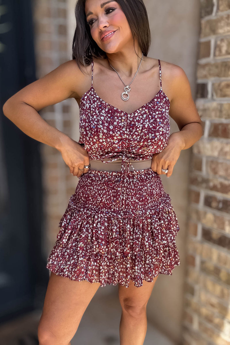 Burgundy Floral Print Ruffle Skirt