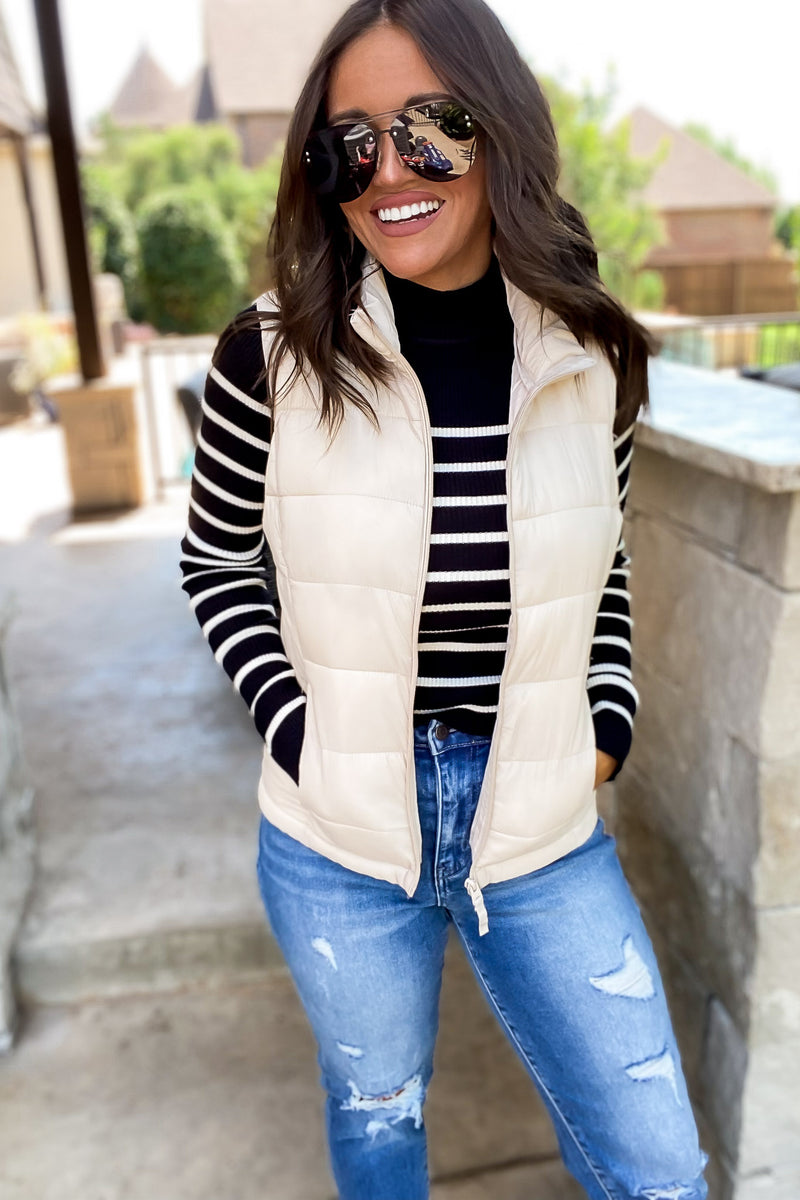 Core Values Woven Solid High Neck Cream Vest