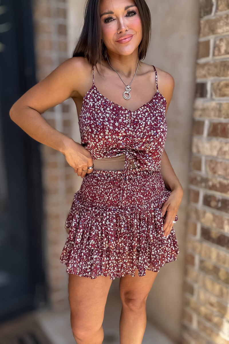 Burgundy Floral Print Ruffle Skirt