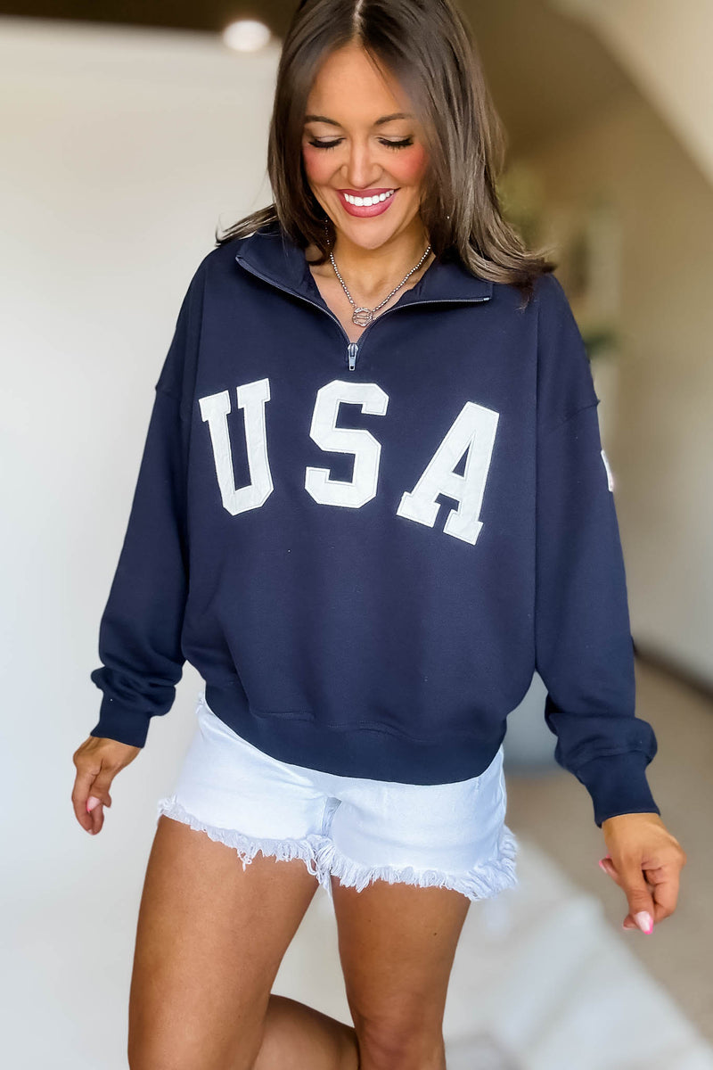 USA Navy Contrast Half Zip Oversized Sweatshirt