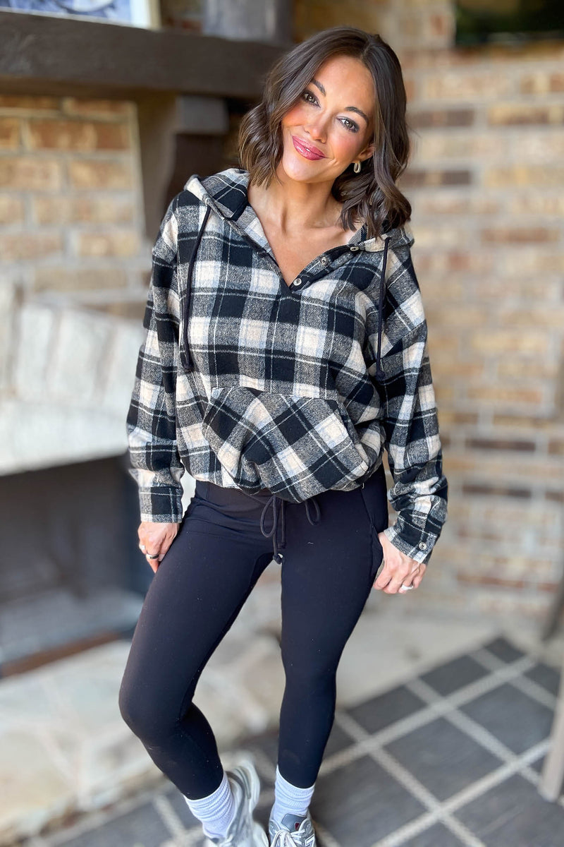 Flannel Black Plaid Pullover Hoodie W/ Kangaroo Pocket