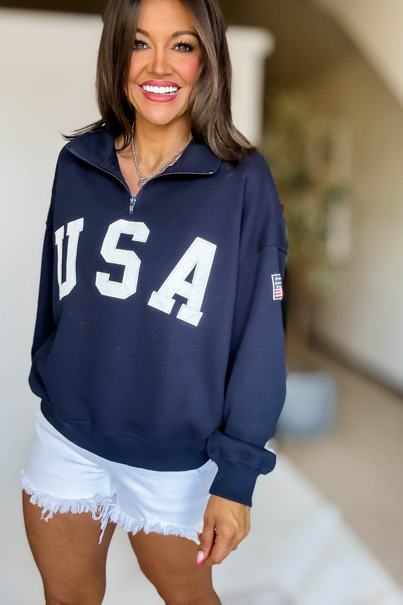 USA Navy Contrast Half Zip Oversized Sweatshirt