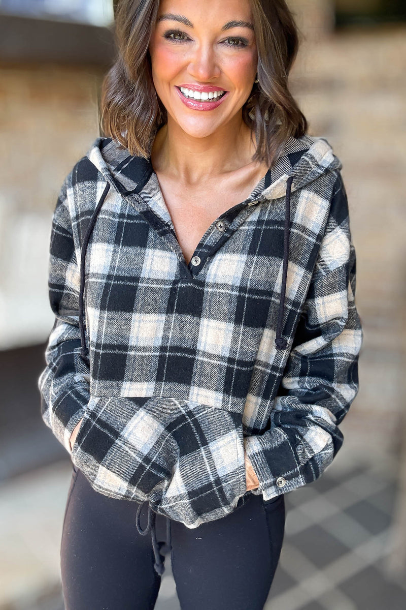 Flannel Black Plaid Pullover Hoodie W/ Kangaroo Pocket