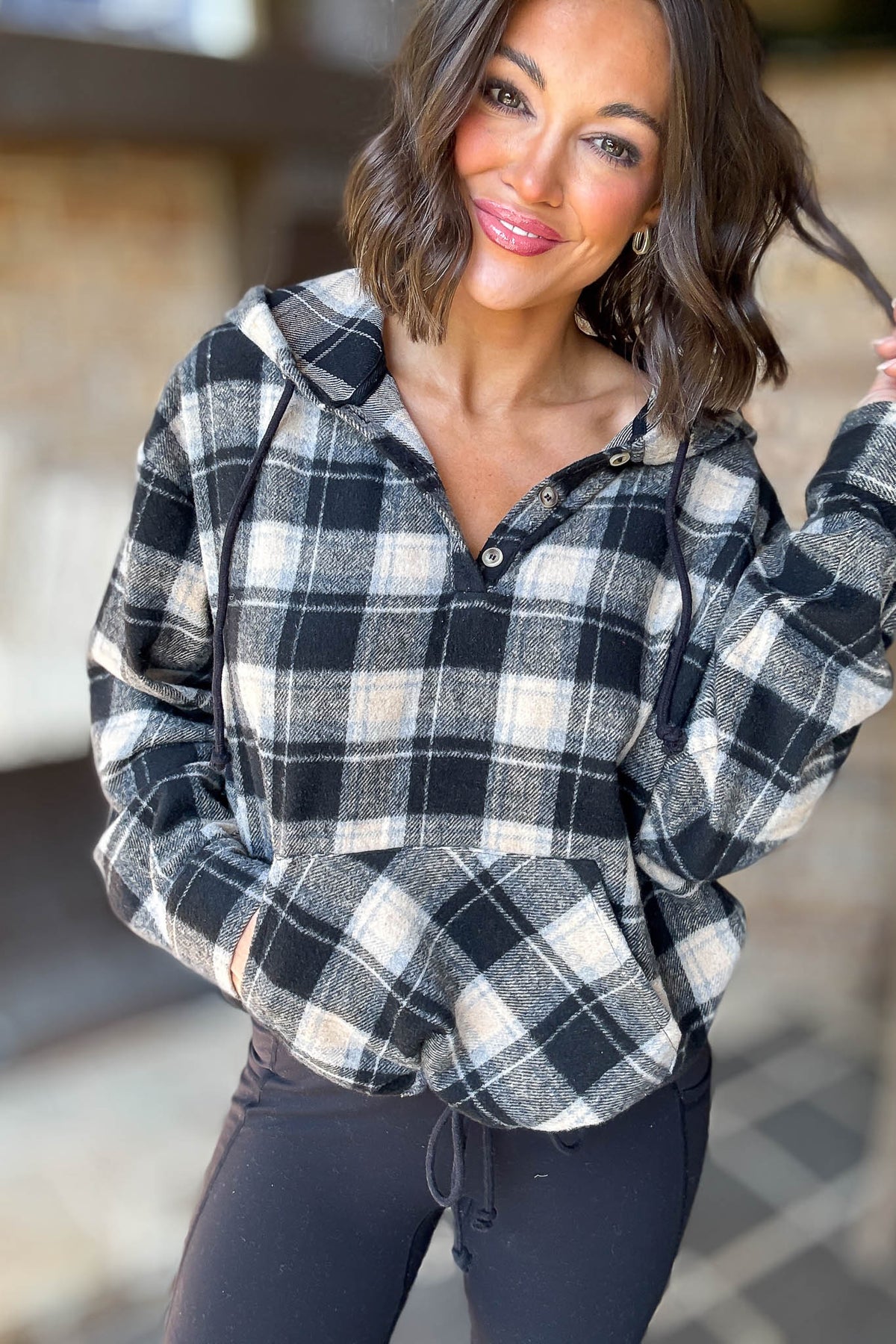 Flannel Black Plaid Pullover Hoodie W/ Kangaroo Pocket – Stella Rae's