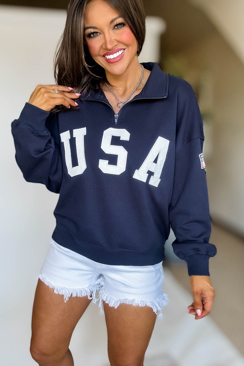 USA Navy Contrast Half Zip Oversized Sweatshirt