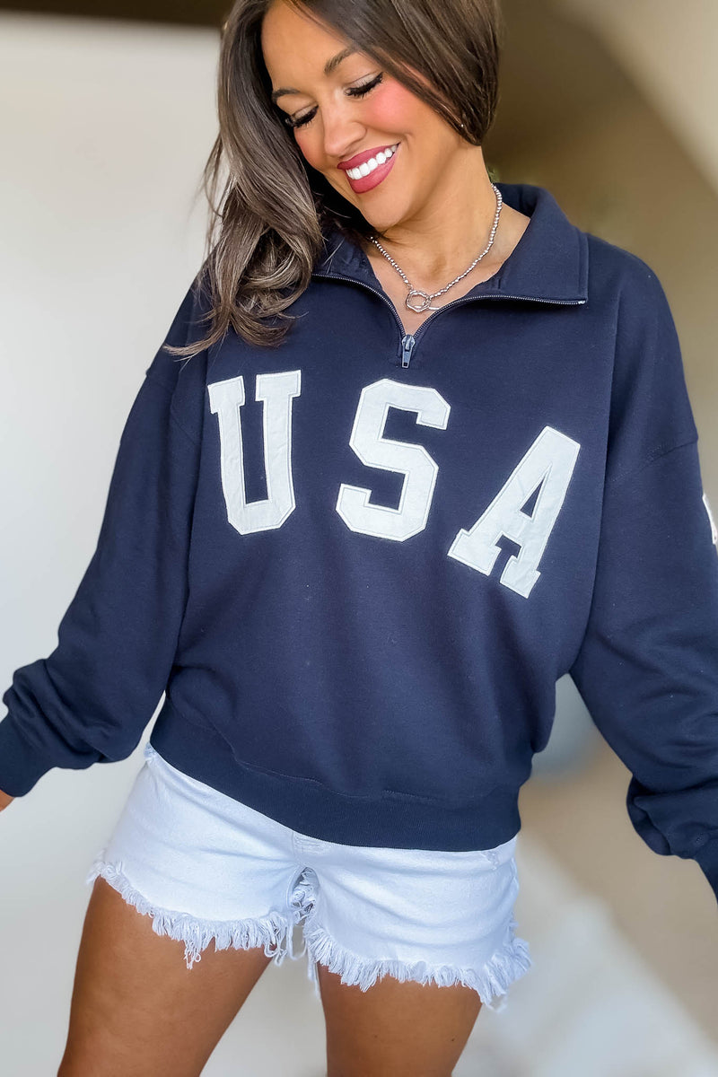 USA Navy Contrast Half Zip Oversized Sweatshirt