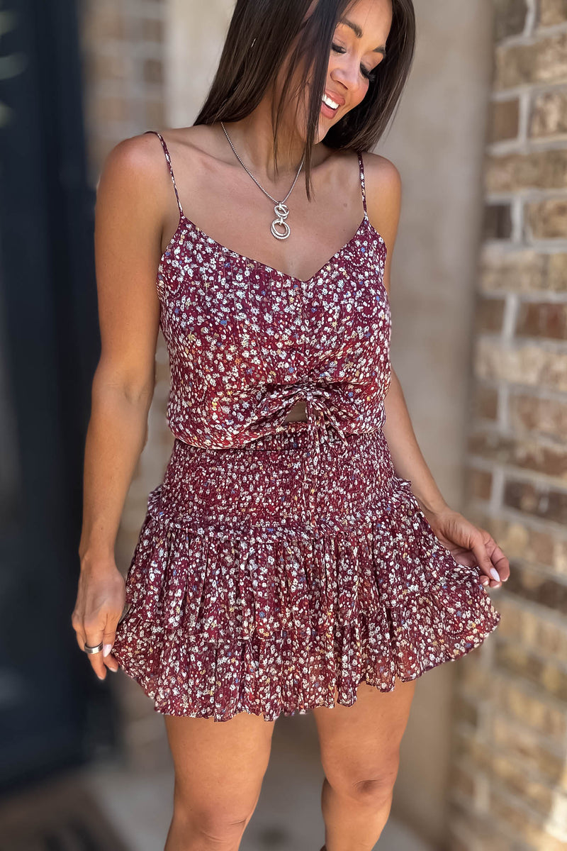 Burgundy Floral Print Ruffle Crop Top