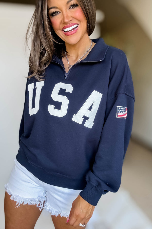 USA Navy Contrast Half Zip Oversized Sweatshirt