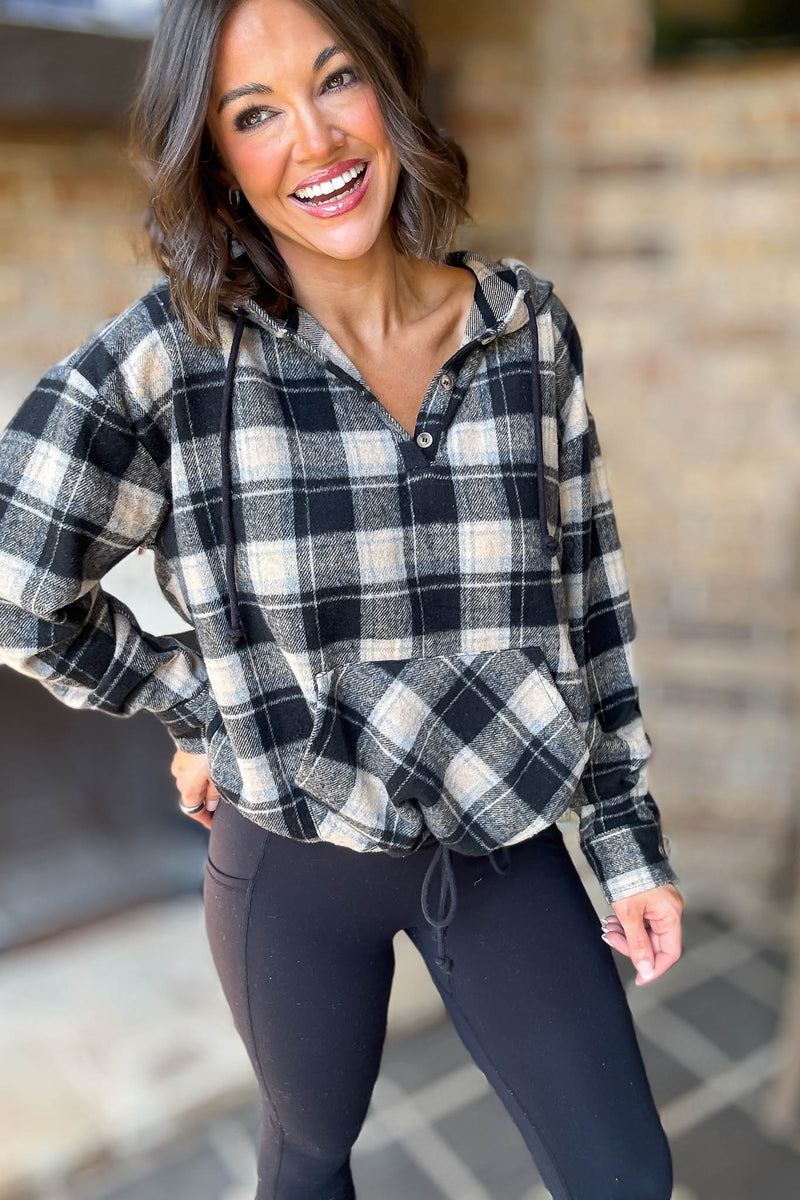 Flannel Black Plaid Pullover Hoodie W/ Kangaroo Pocket