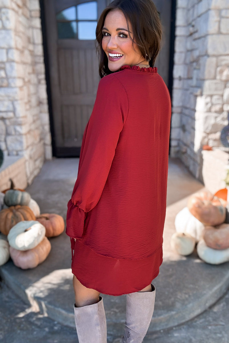 Autumn Elegance Marsala Solid Ruffle Dress