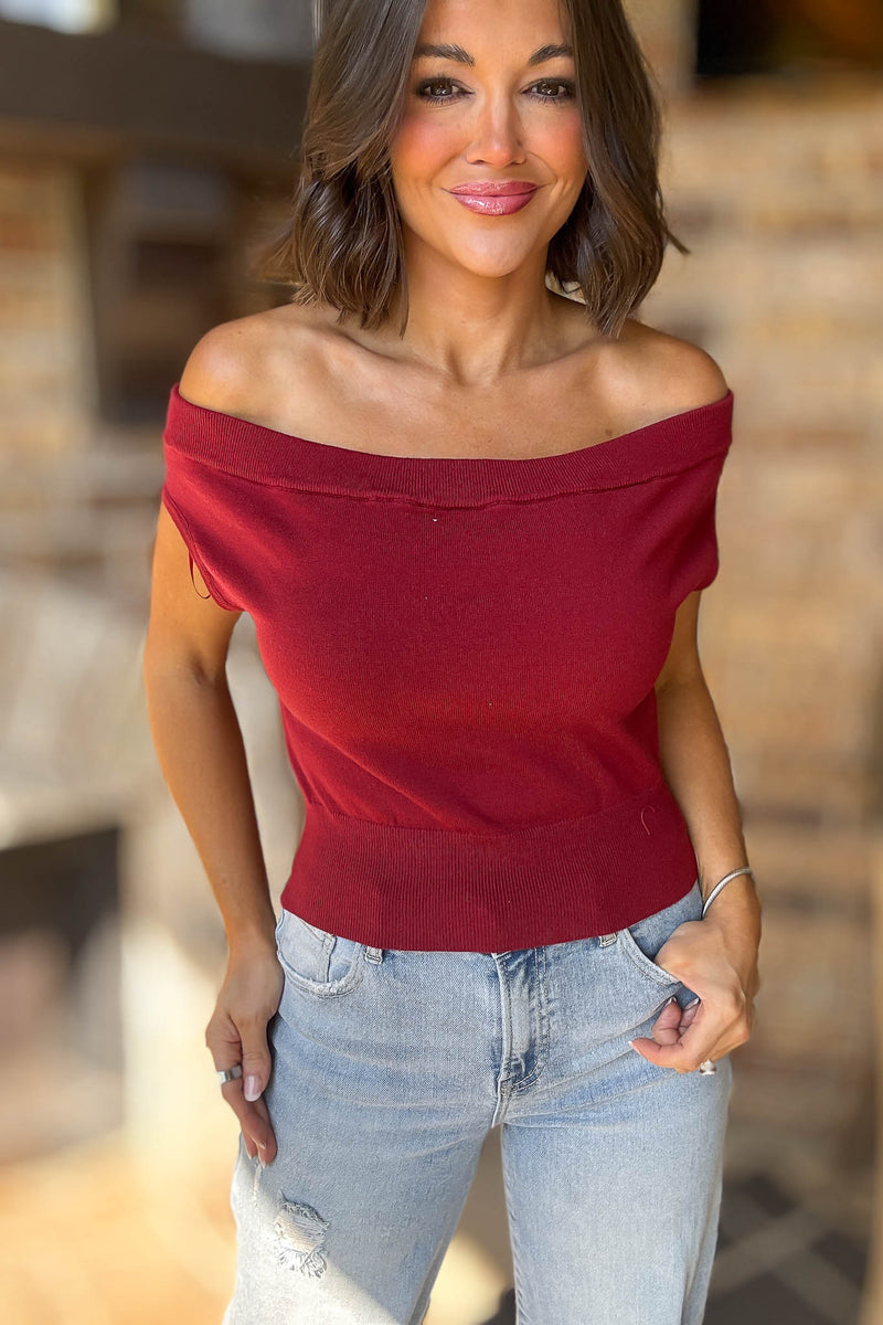 Crimson Off Shoulder Cropped Sweater Top