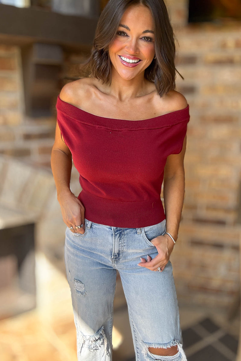 Crimson Off Shoulder Cropped Sweater Top