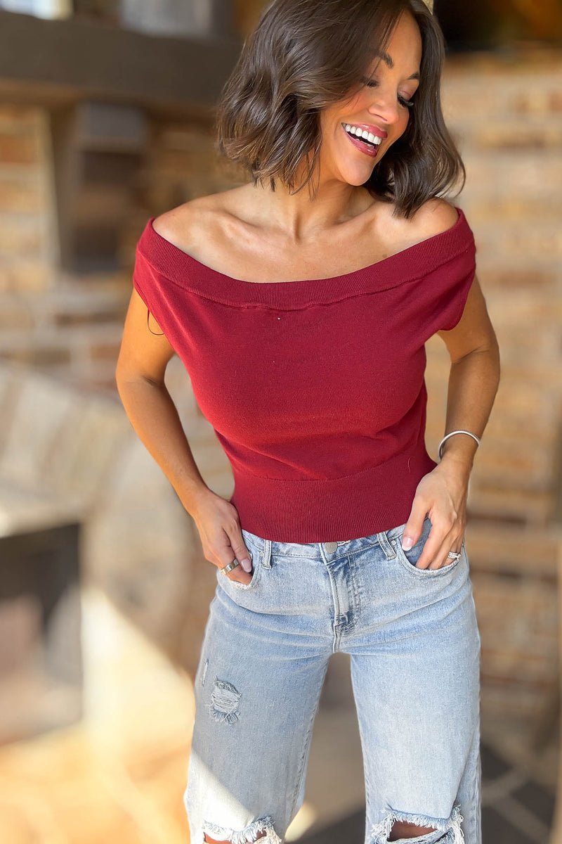 Crimson Off Shoulder Cropped Sweater Top