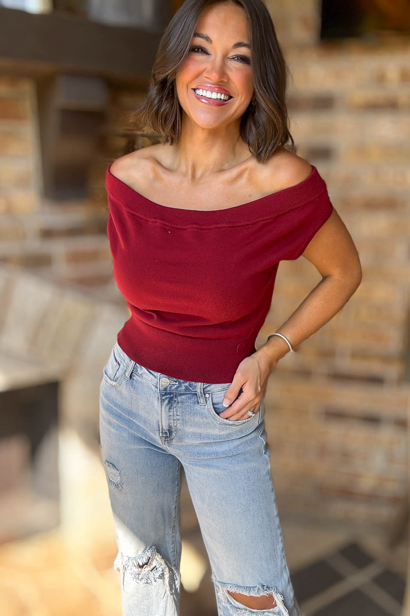 Crimson Off Shoulder Cropped Sweater Top