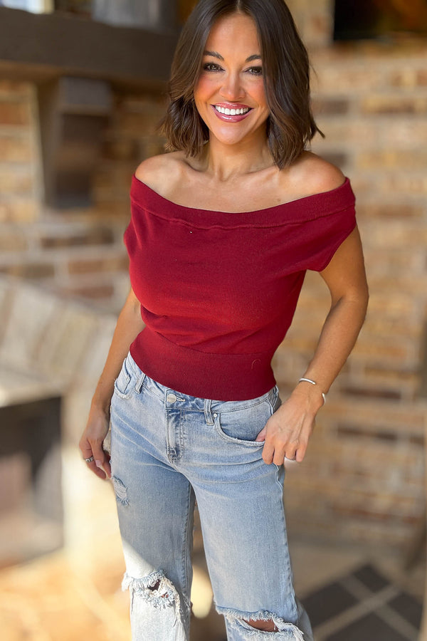 Crimson Off Shoulder Cropped Sweater Top