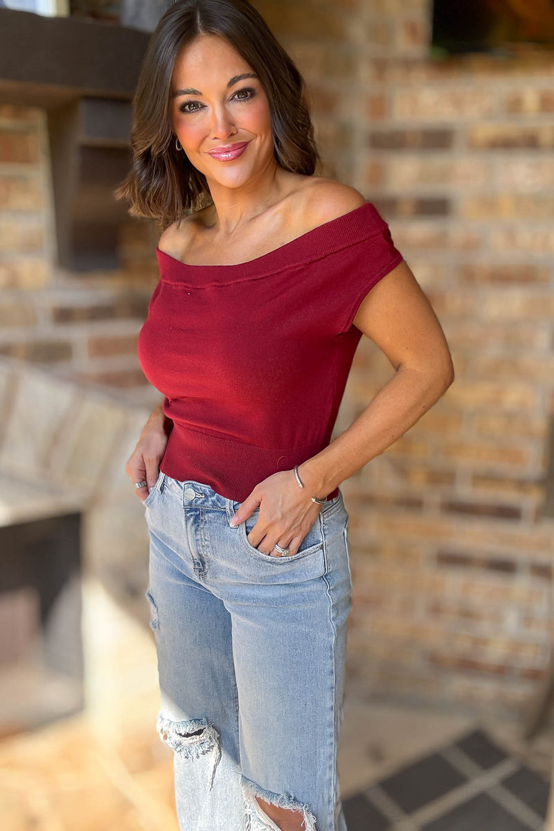 Crimson Off Shoulder Cropped Sweater Top