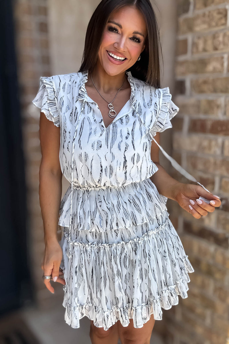 Abstract Print Ruffle Tie Neck Detail Mini Dress