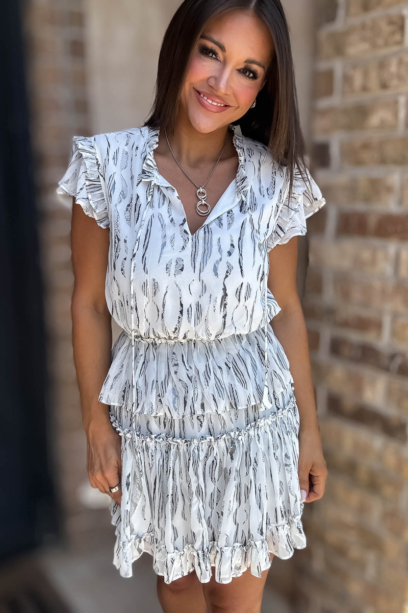 Abstract Print Ruffle Tie Neck Detail Mini Dress
