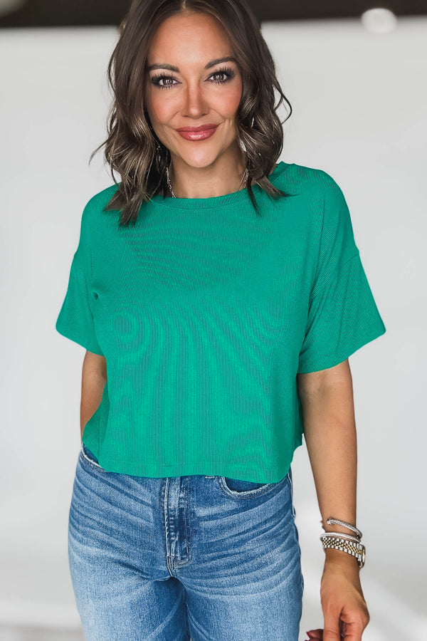 RIBBED KELLY GREEN ROUND-NECK CROP BOX TEE