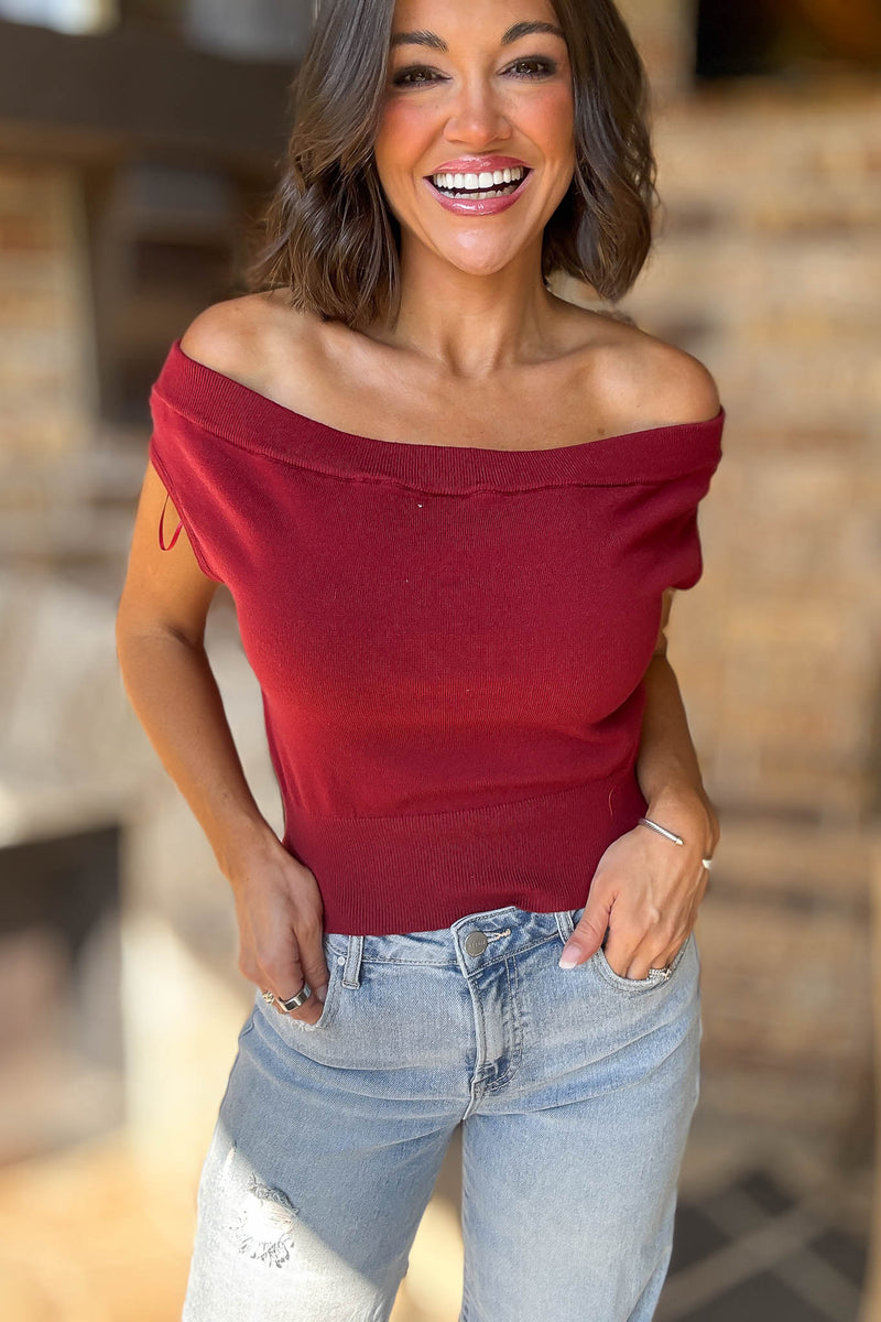 Crimson Off Shoulder Cropped Sweater Top