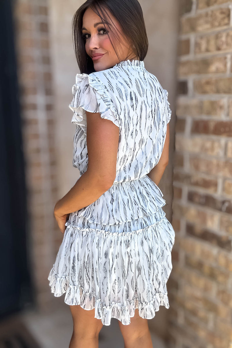 Abstract Print Ruffle Tie Neck Detail Mini Dress