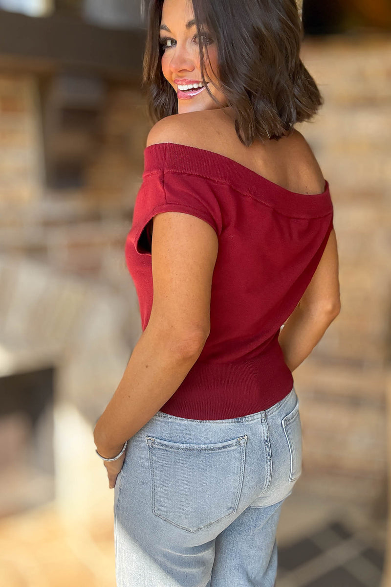 Crimson Off Shoulder Cropped Sweater Top