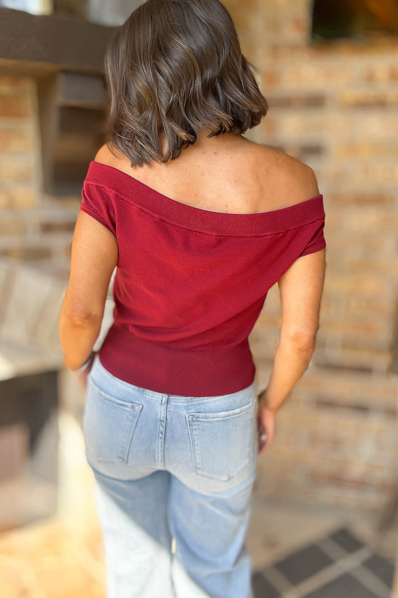 Crimson Off Shoulder Cropped Sweater Top