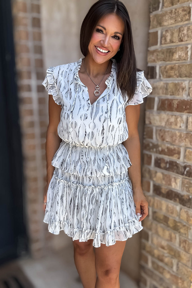 Abstract Print Ruffle Tie Neck Detail Mini Dress