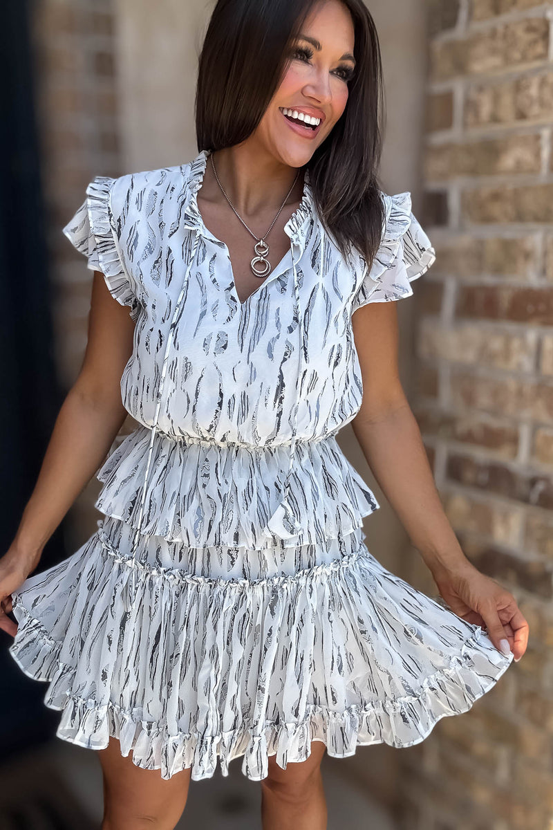 Abstract Print Ruffle Tie Neck Detail Mini Dress