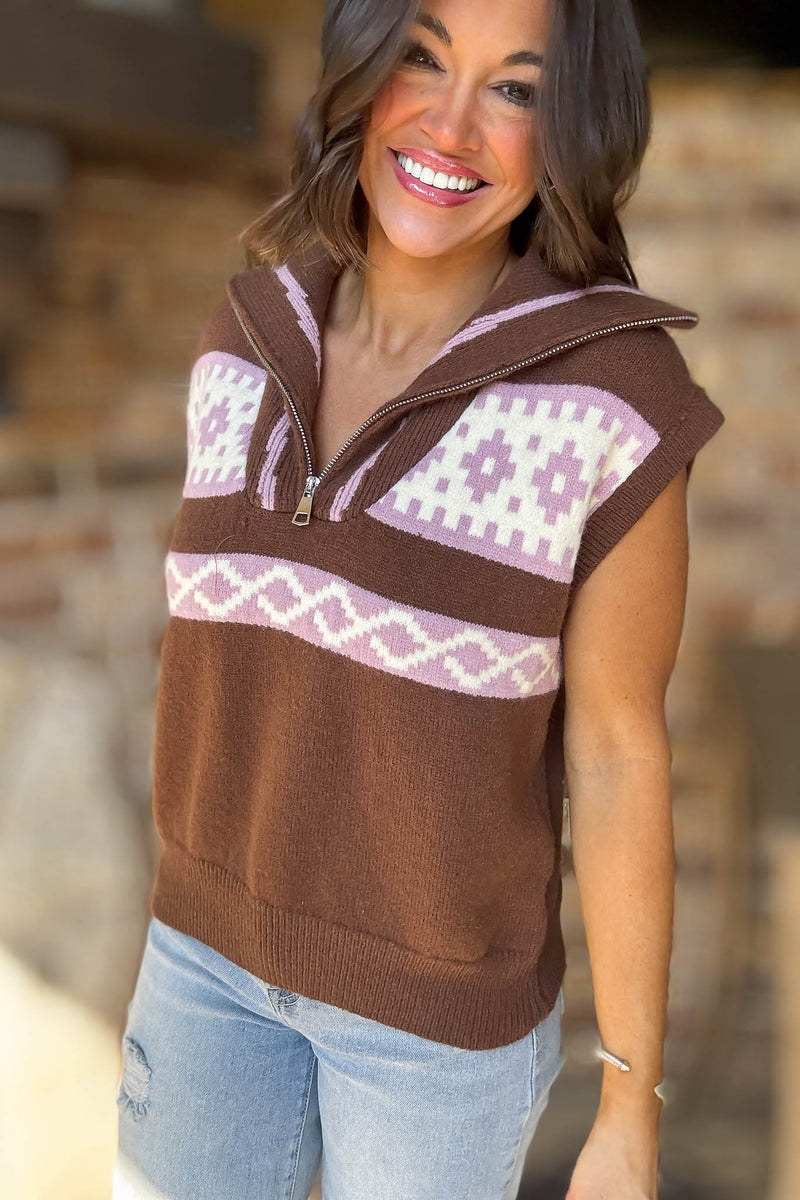 Chocolate Fair Isle Half Zip Up Sweater Vest