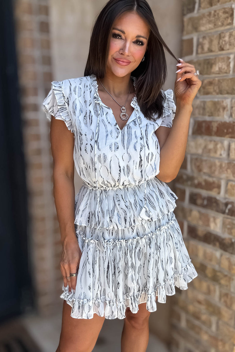 Abstract Print Ruffle Tie Neck Detail Mini Dress