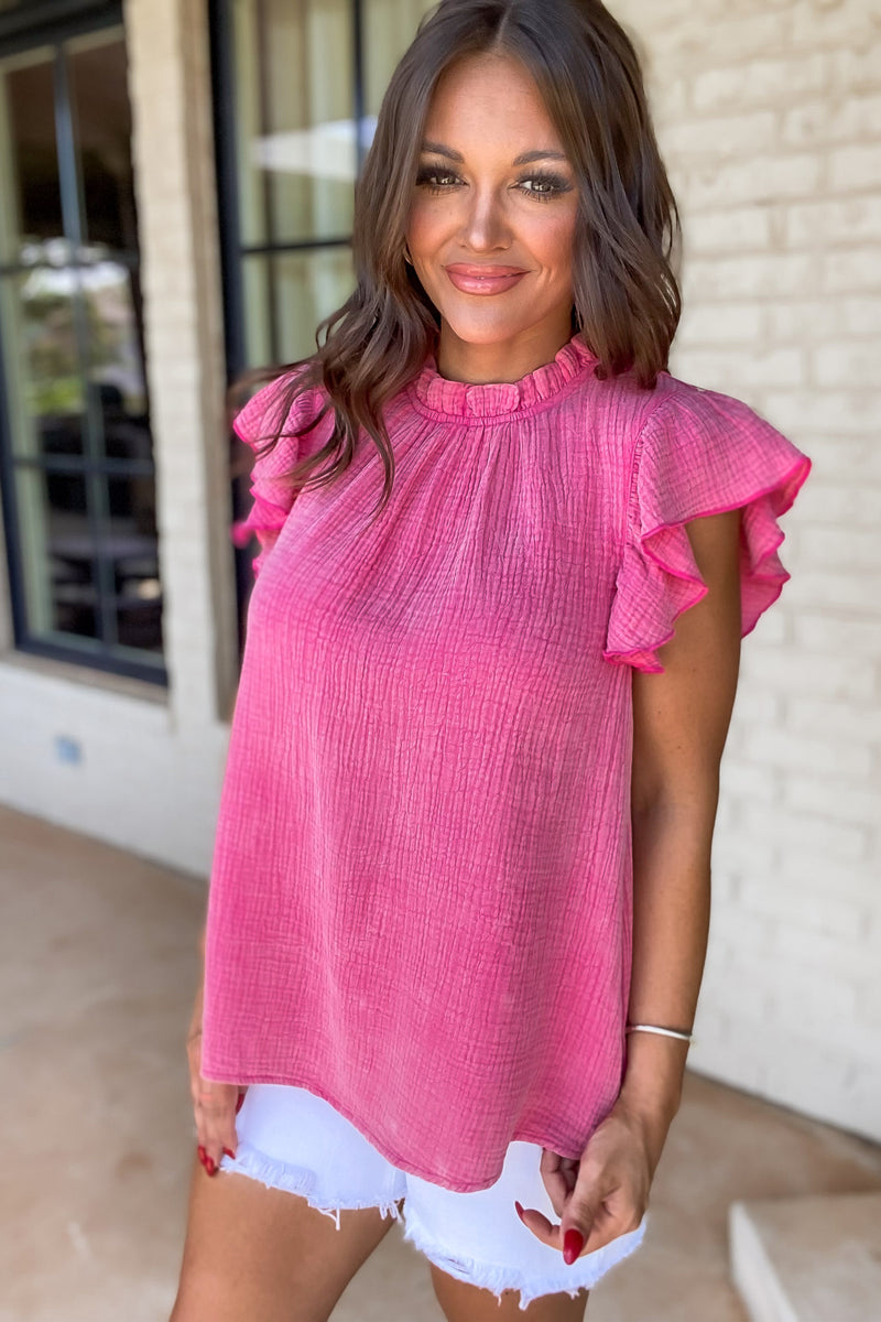 Wrenlee Pink Textured Light Washed Ruffle Cap Sleeve Top