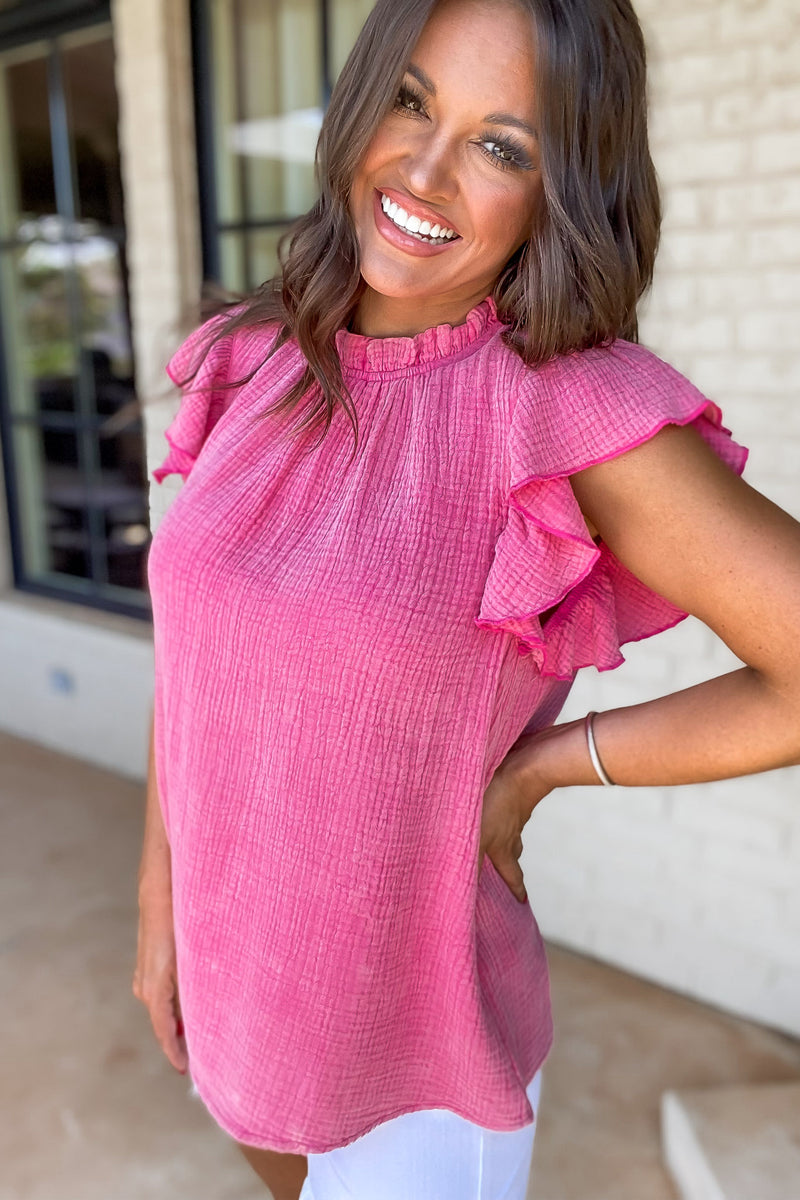 Wrenlee Pink Textured Light Washed Ruffle Cap Sleeve Top