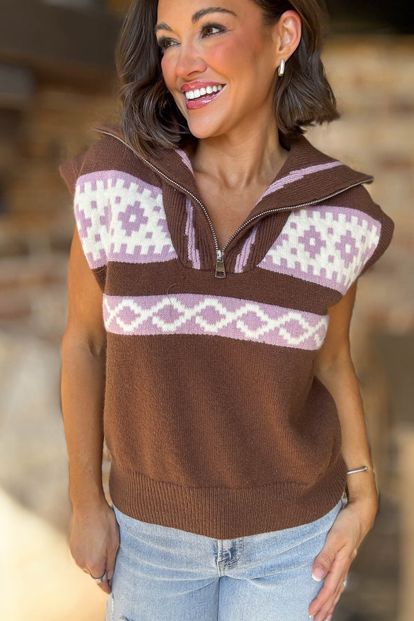 Chocolate Fair Isle Half Zip Up Sweater Vest