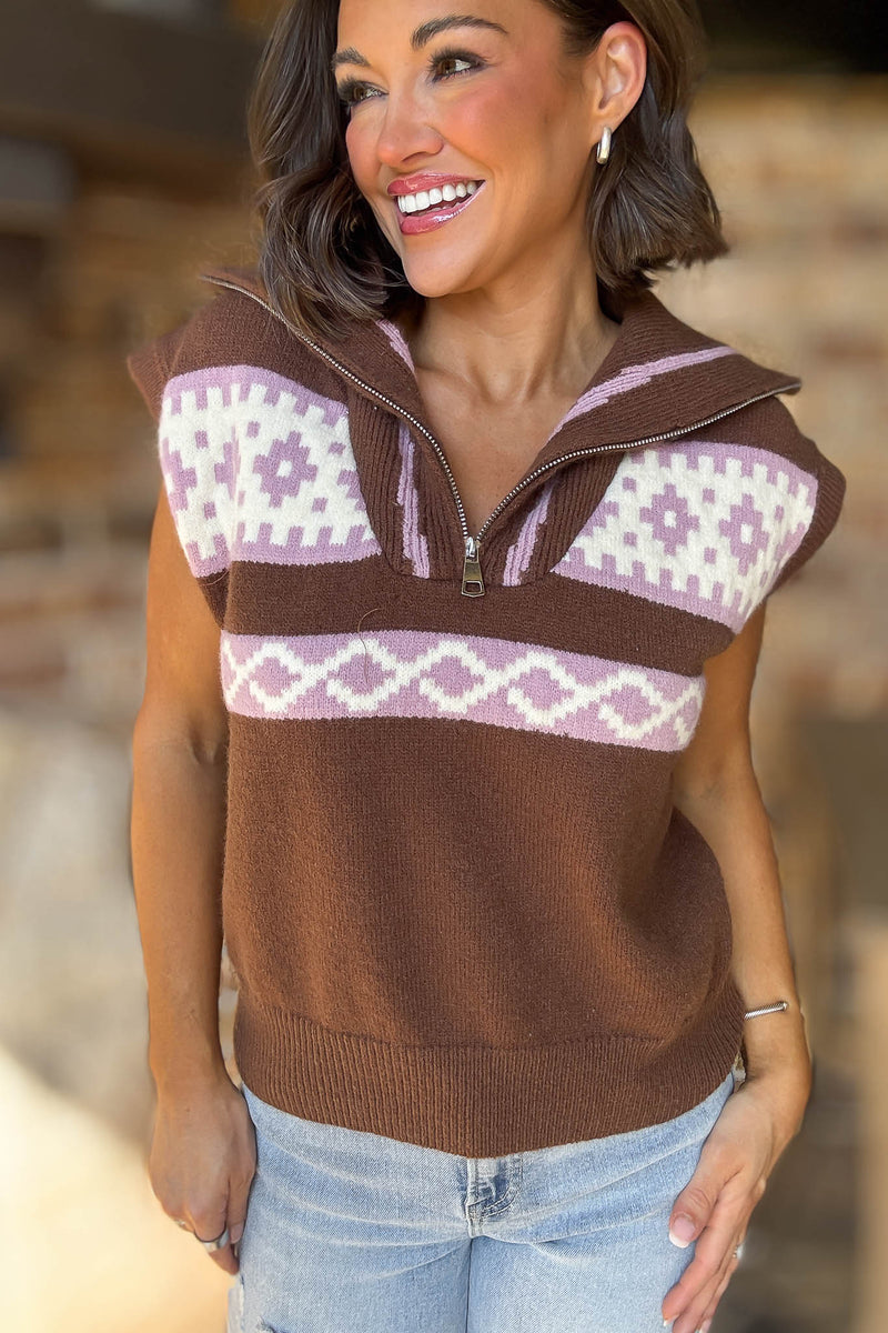 Chocolate Fair Isle Half Zip Up Sweater Vest
