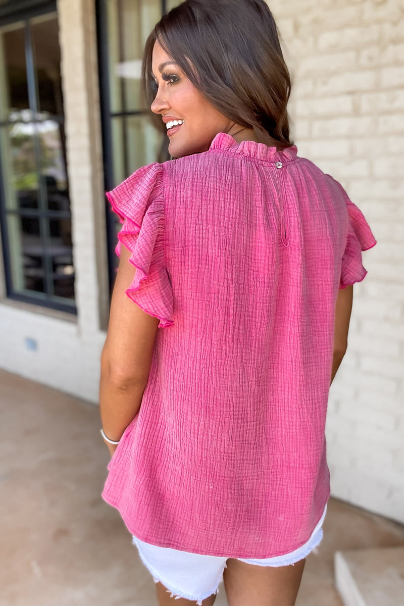 Wrenlee Pink Textured Light Washed Ruffle Cap Sleeve Top