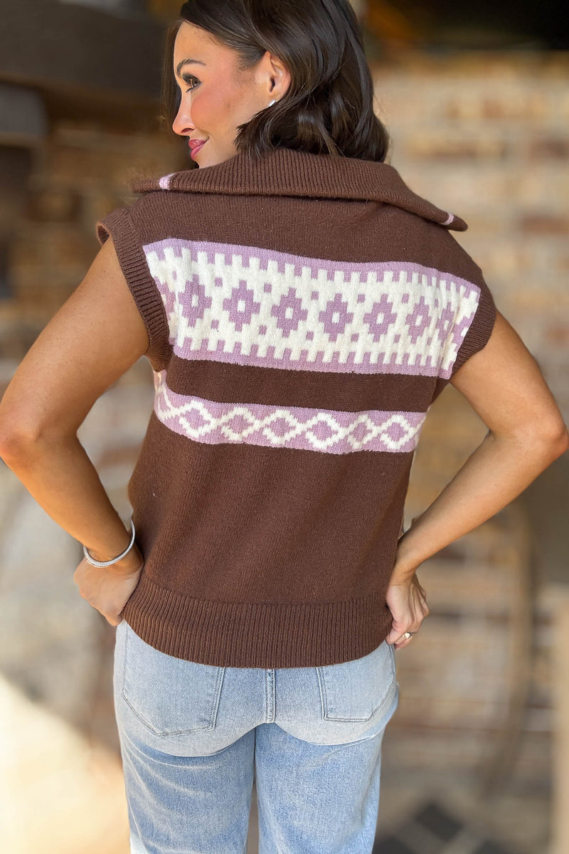 Chocolate Fair Isle Half Zip Up Sweater Vest