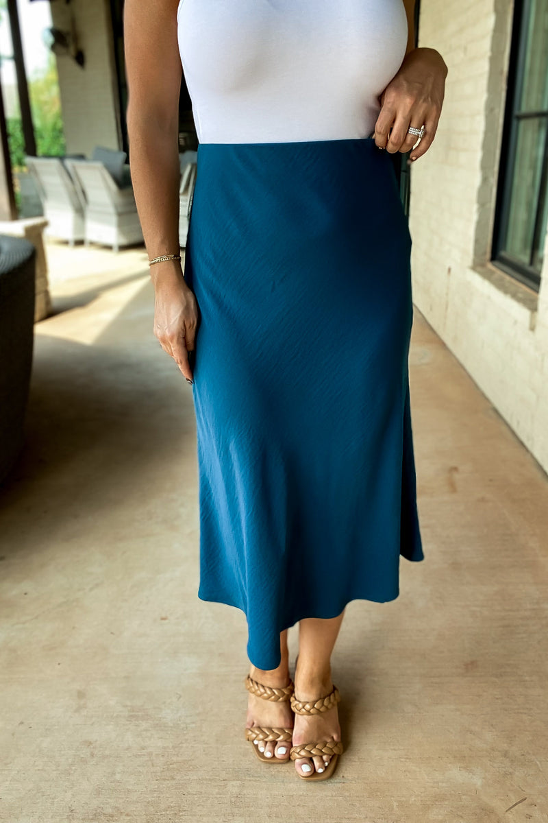 Spin Me Around Teal Elastic High Waisted Midi Flare Skirt