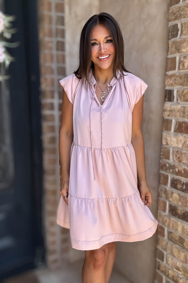 Blush Cap Sleeve Tiered Shift Gathered Mini Dress