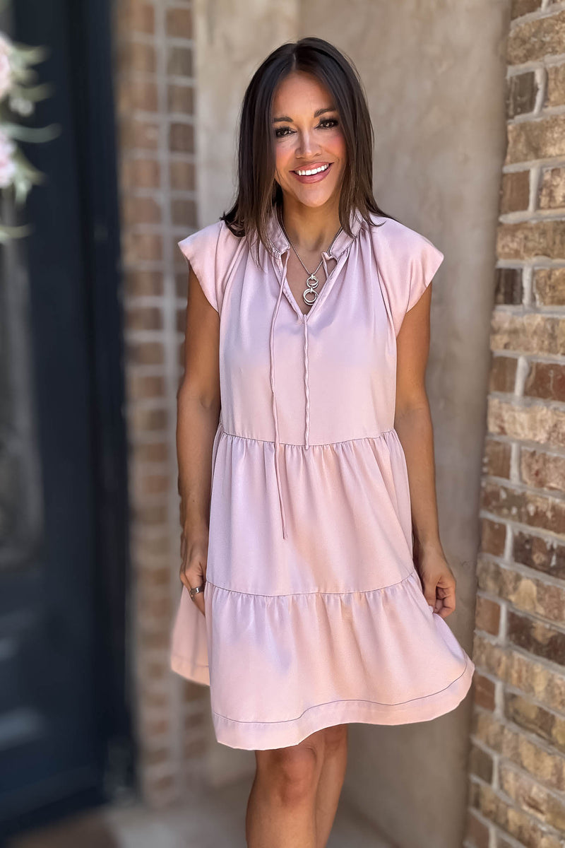 Blush Cap Sleeve Tiered Shift Gathered Mini Dress