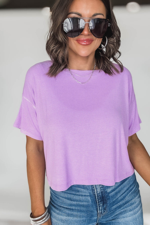 RIBBED LAVENDER ROUND-NECK CROP BOX TEE