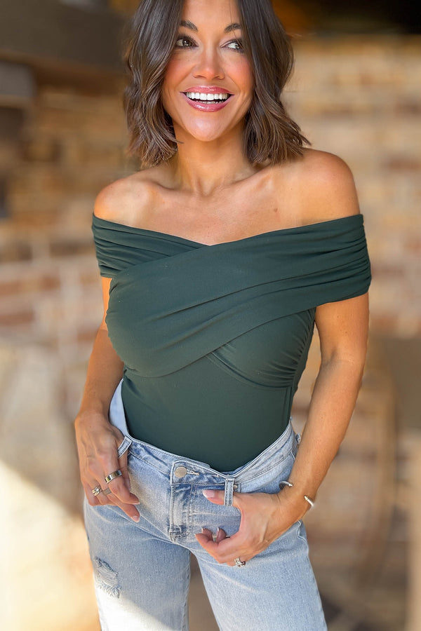 Hunter Green Off Shoulder Wrap Bodysuit